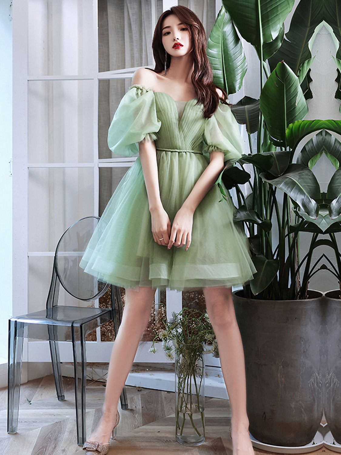 Luxurious Green Tulle Short Prom Dress For Women Evening Wear