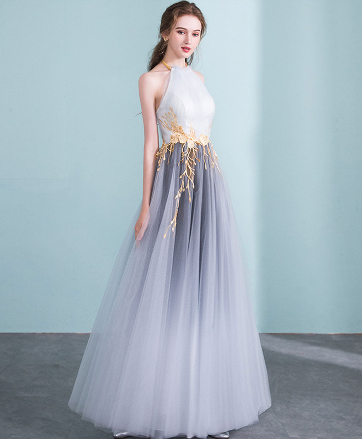 gray halter prom dress Silver Glitter Trumpet V-neck Halter Lace Made-to-Order Prom Dress