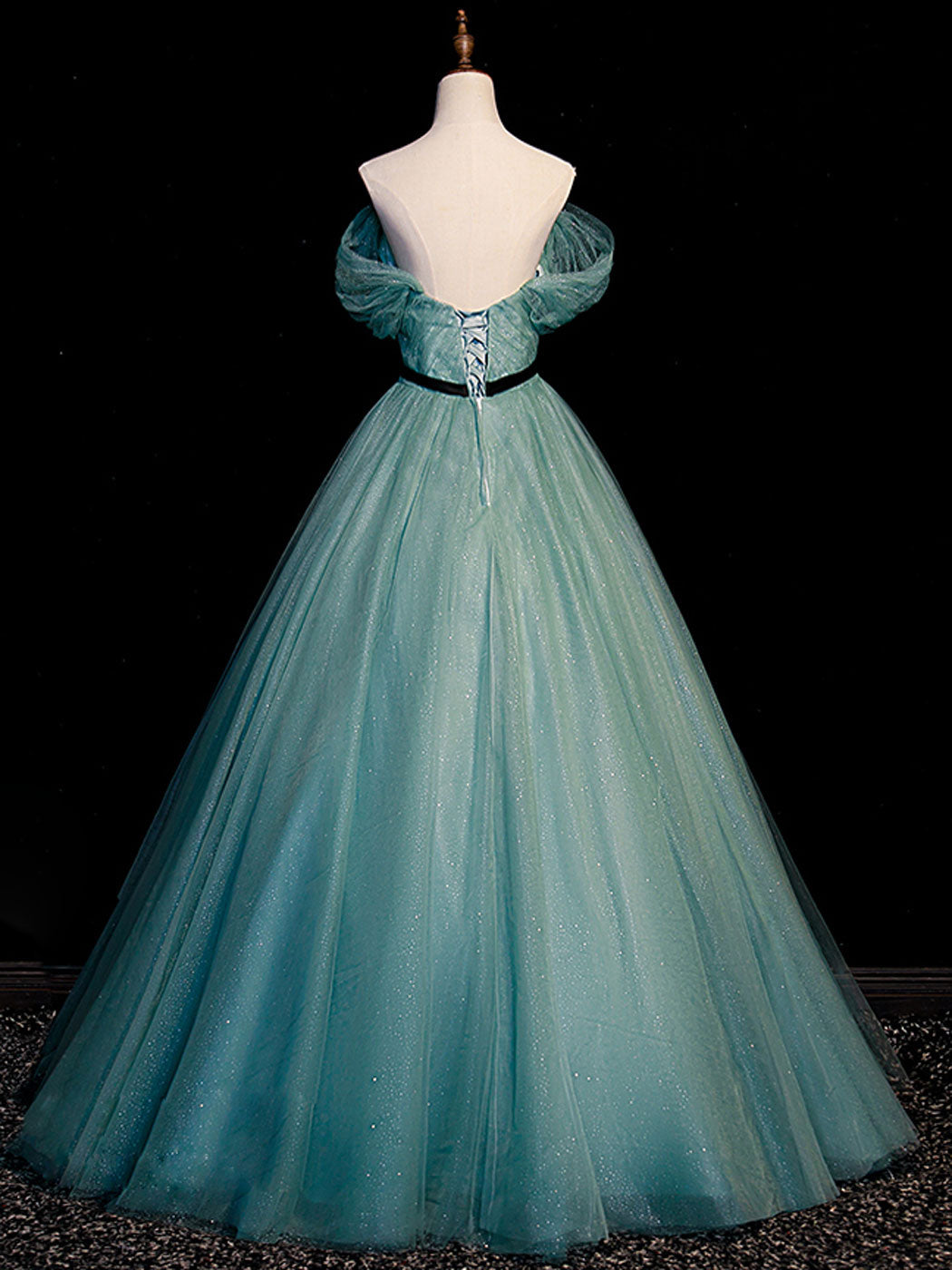 Elegant Green A-Line Tulle Sequin Floor-Length Evening Prom Dress