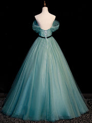 Elegant Green A-Line Tulle Sequin Floor-Length Evening Prom Dress
