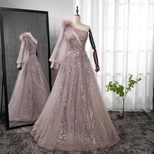 Elegant Extreme Pink One Shoulder Feather Evening Dress For Women Online