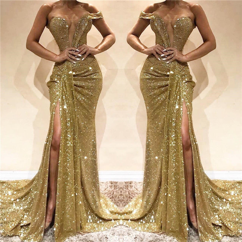 Elegant One-Shoulder Golden Sequin Prom Dress with Side Slit for Formal Events