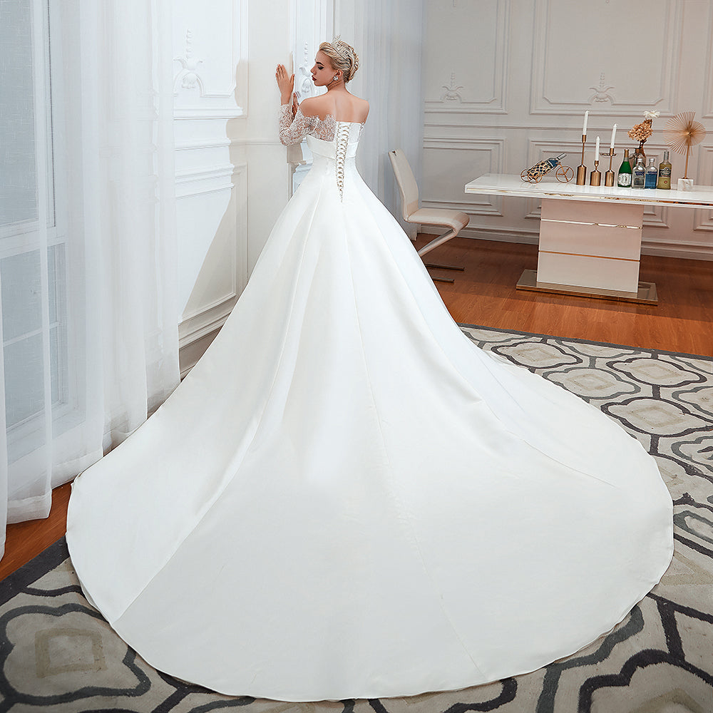 Elegant Off-Shoulder Long Sleeve A-Line Satin Wedding Gown with Delicate Lace