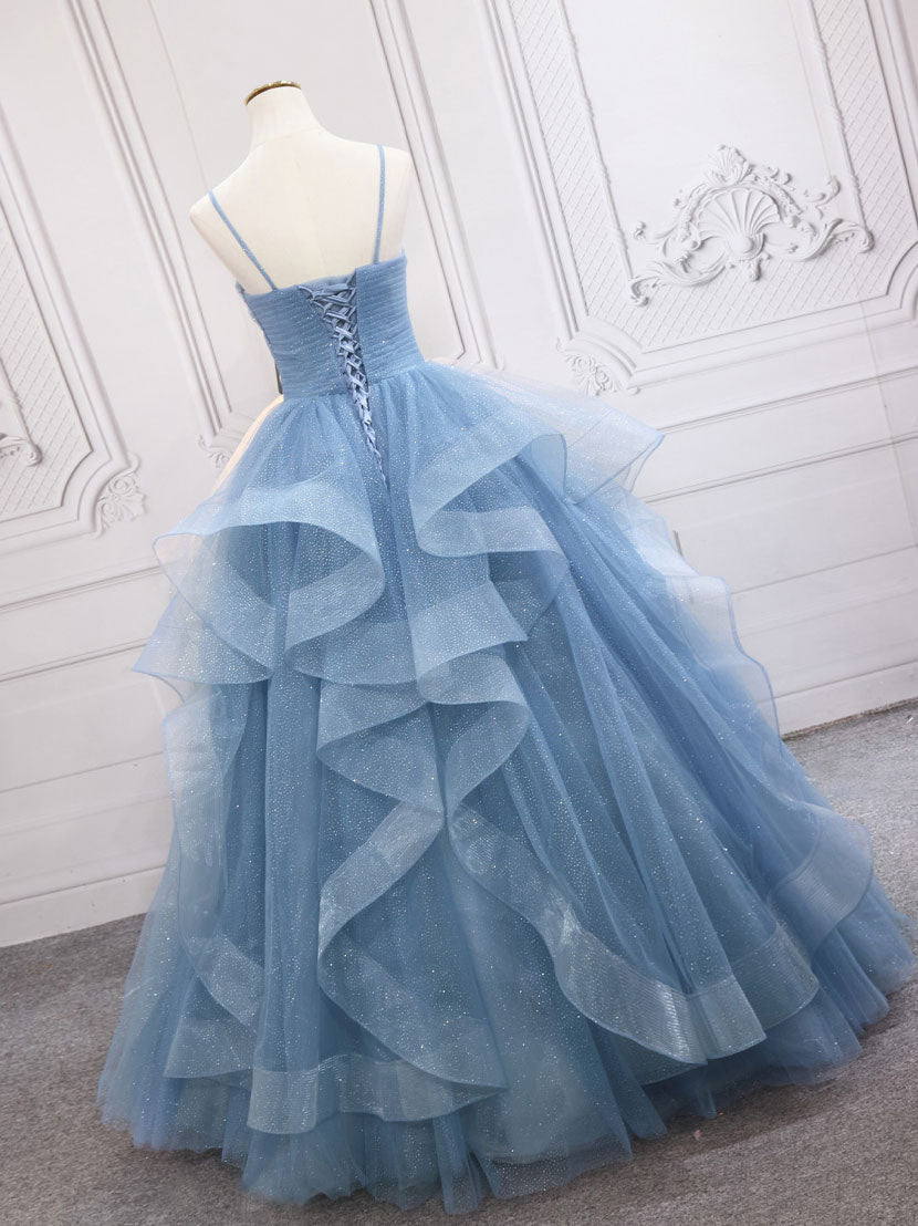 Blue Tulle Long Prom Dresses Beautiful Sweet 16 Floor Length Gowns