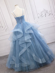 Blue Tulle Long Prom Dresses Beautiful Sweet 16 Floor Length Gowns