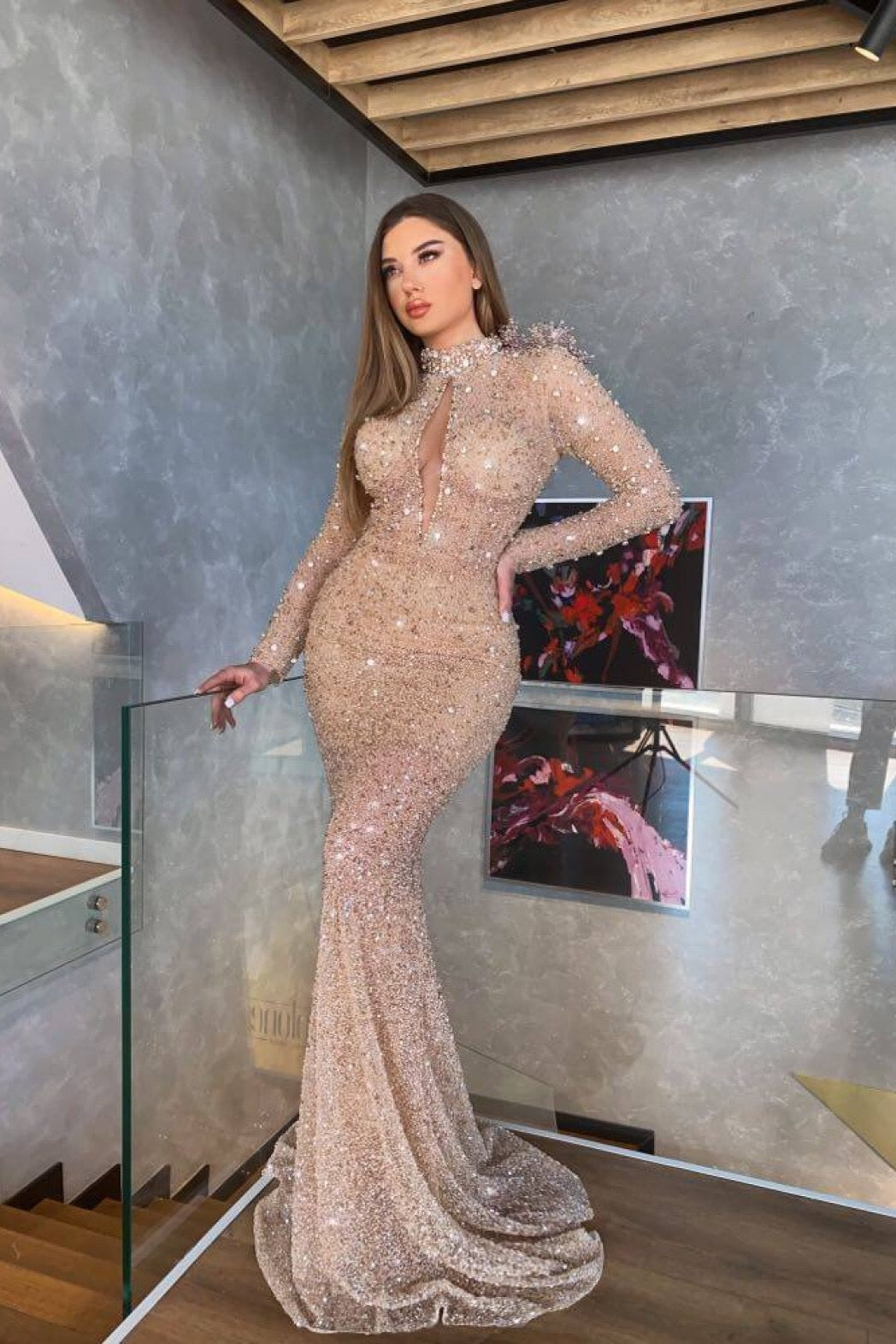 Elegant Long Sleeves Sequin Mermaid Prom Dress with High Neck for Women