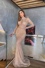 Elegant Long Sleeves Sequin Mermaid Prom Dress with High Neck for Women