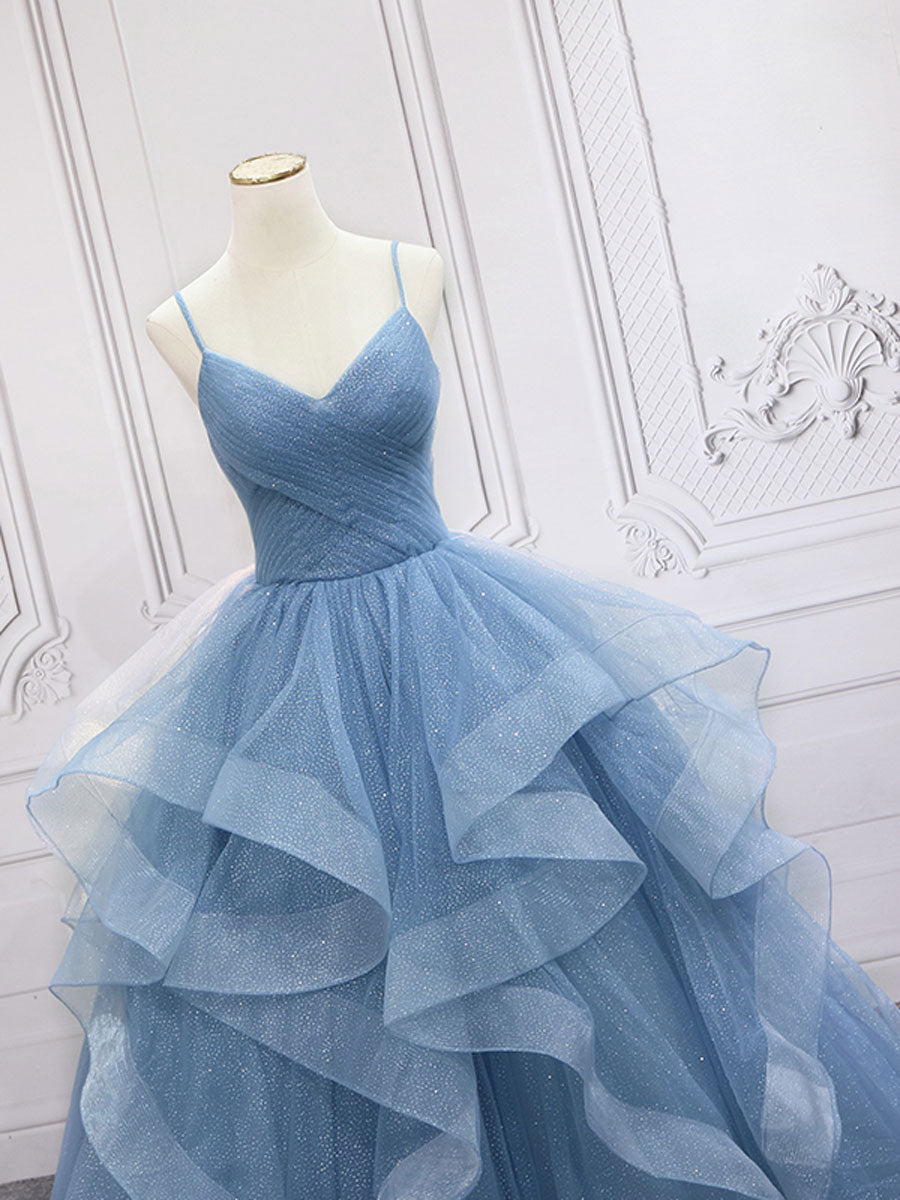 Blue Tulle Long Prom Dresses Beautiful Sweet 16 Floor Length Gowns Blue Tulle Long Prom Dresses Beautiful Sweet 16 Floor Length Gowns