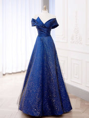 Dark Blue Simple Tulle Satin Long Prom Evening Dress For Women