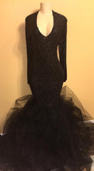 Elegant Black Mermaid Prom Dress with Sleeves - Sequin Tulle Formal Gown for Plus Size
