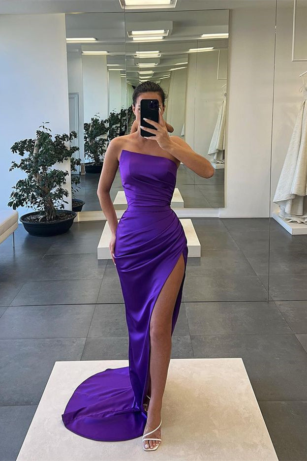 Elegant Strapless Mermaid Slit Evening Gown for Women's Formal Prom Party