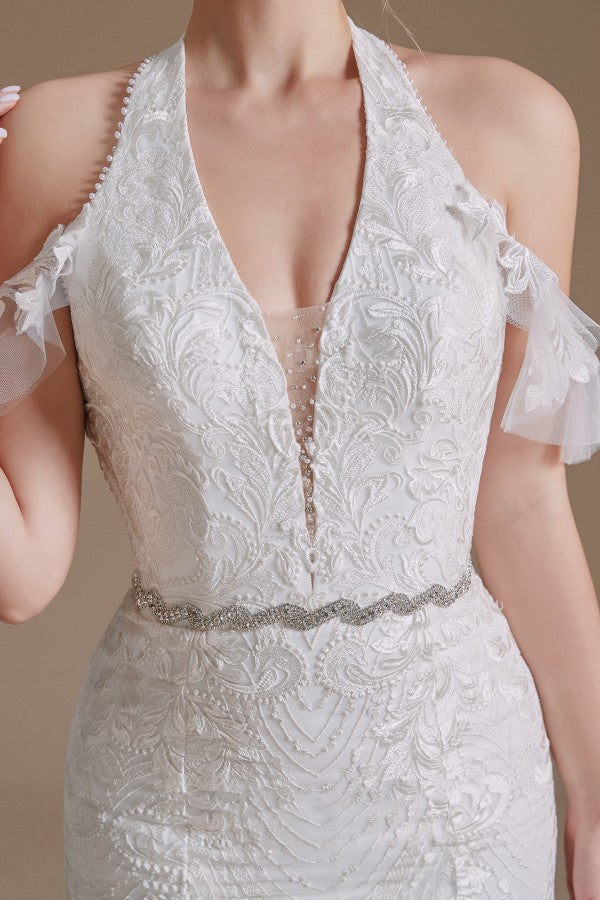 Elegant Mermaid Halter Tulle Wedding Gown with Lace Appliques and Floor-Length Design