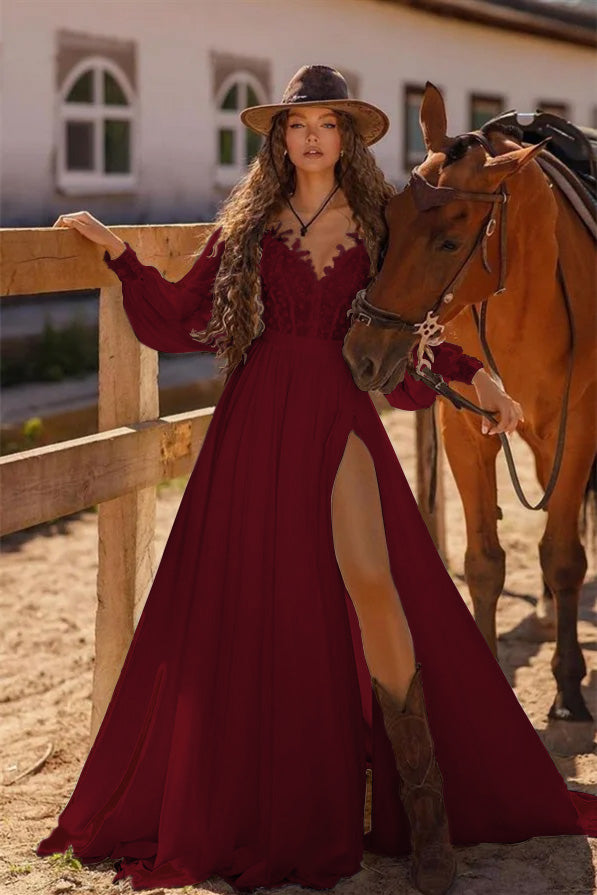 Bohemian Long Sleeve Lace Wedding Dress with High Side Split