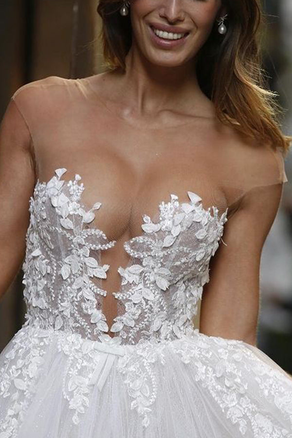 Sheer A-Line Wedding Dress with Tulle Appliqués Floor Length Bridal Gown