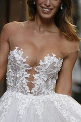 Sheer A-Line Wedding Dress with Tulle Appliqués Floor Length Bridal Gown