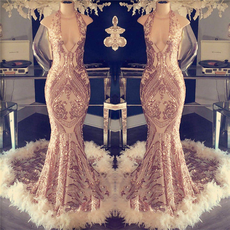 Halter Sequin Mermaid Prom Dress Open Back Feather Gown