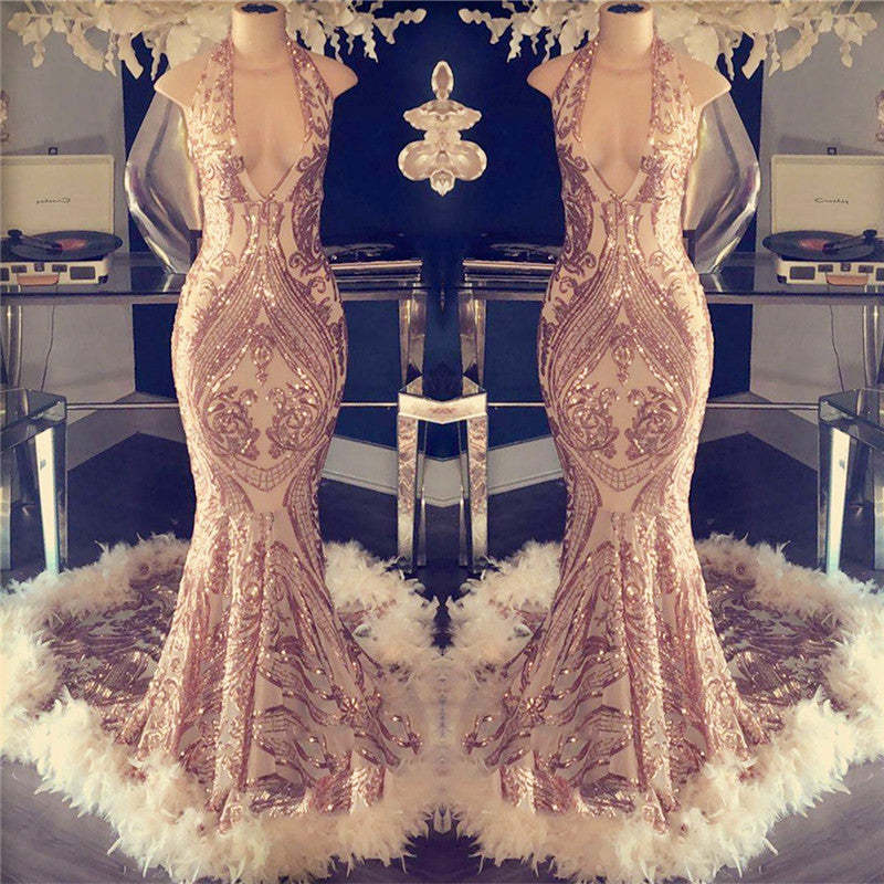 Halter Sequin Mermaid Prom Dress Open Back Feather Gown