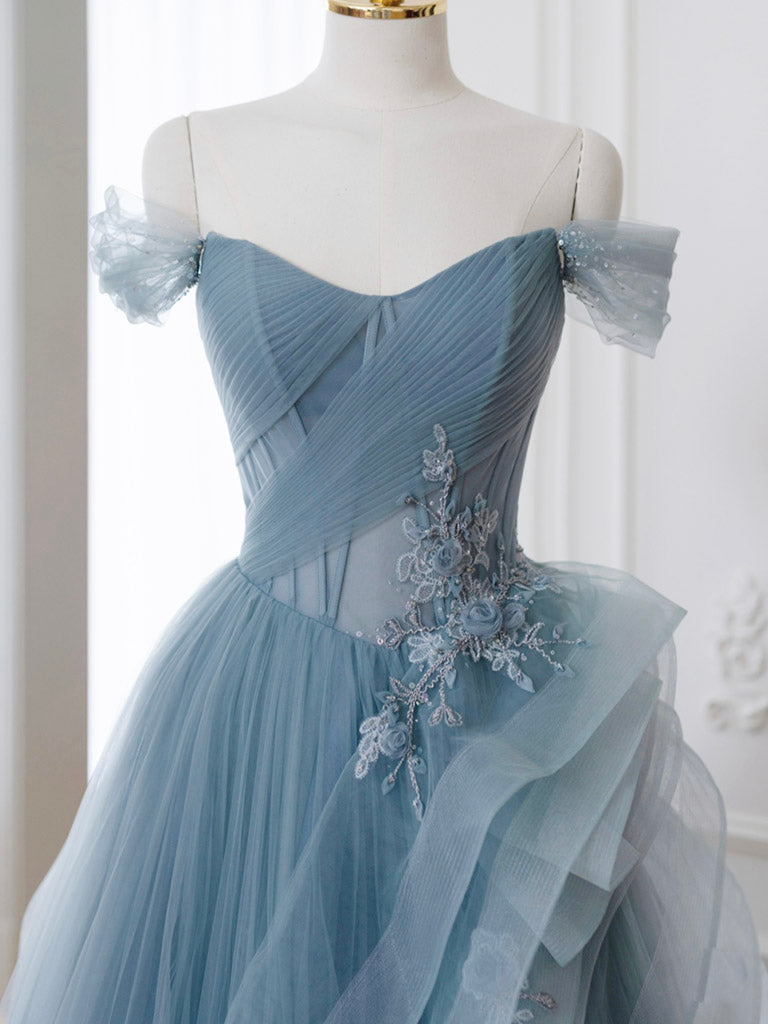 Elegant Gray Blue A-Line Off Shoulder Tulle Lace Prom Dress Elegant Gray Blue A-Line Off Shoulder Tulle Lace Prom Dress