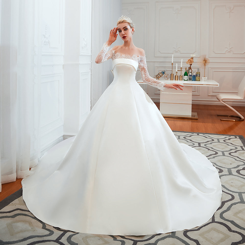 Elegant Off-Shoulder Long Sleeve A-Line Satin Wedding Gown with Delicate Lace