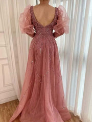 Pink Mermaid High Split Beaded Evening Dress Beaded Bubble Sleeve Gown