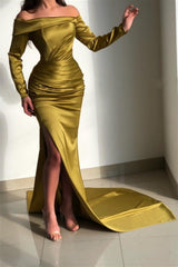 Elegant Sage Green Long Sleeve Prom Dress Pleated Split Gown