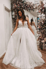 Elegant Long A-Line V-Neck Wedding Dress with Open Back and Slit