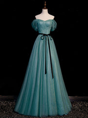 Elegant Green A-Line Tulle Sequin Floor-Length Evening Prom Dress