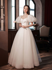 White Tulle Puffy Sleeves Long Prom Dress Sweet 16 Gowns