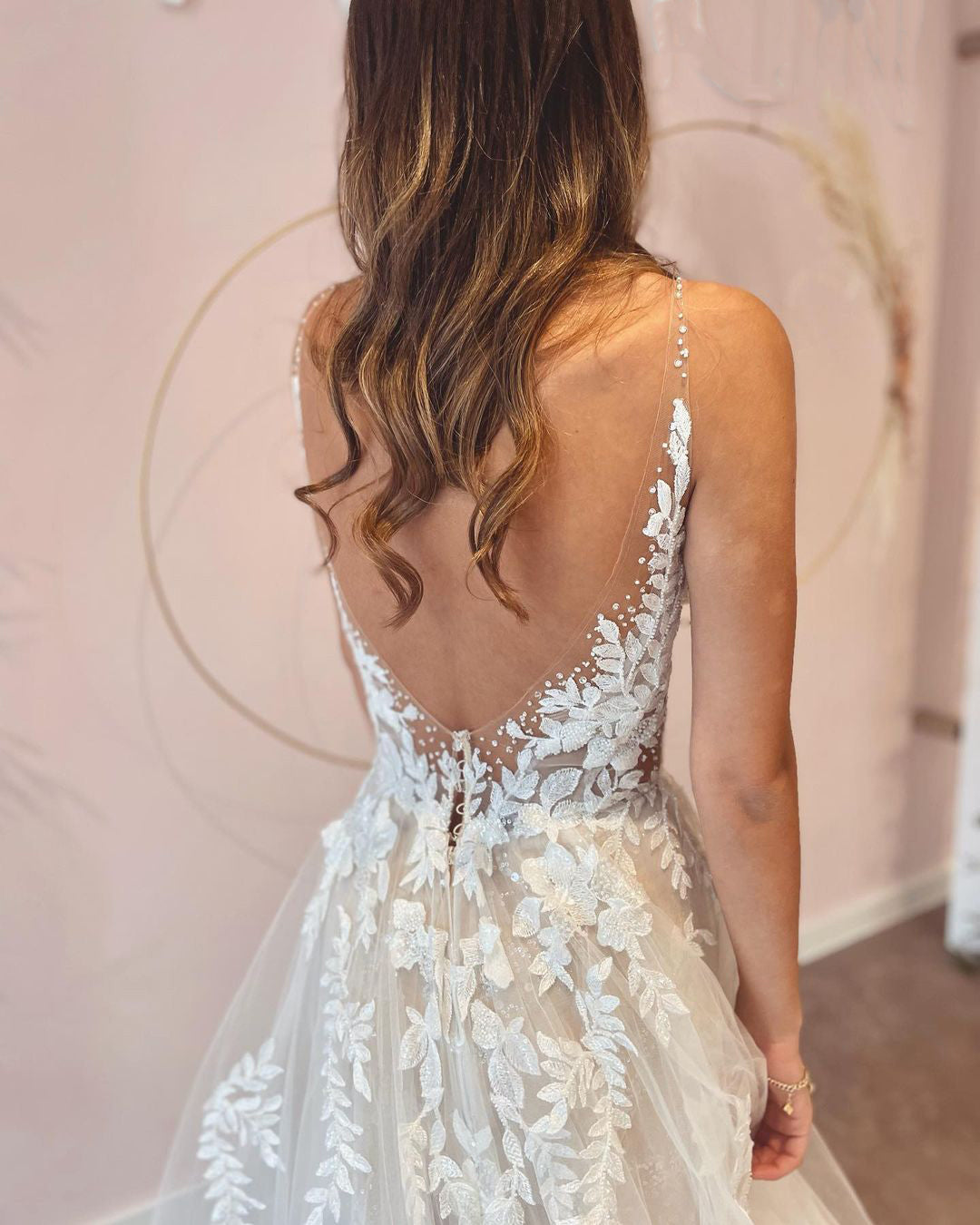 Elegant A-Line Deep V-Neck Backless Wedding Dress with Lace Appliques