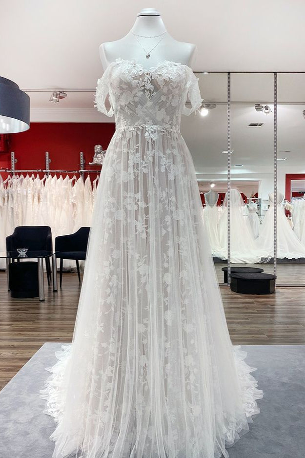 Sleeveless Off-Shoulder A-Line Wedding Dress Ruffles Tulle Lace Appliques Bridal Gown