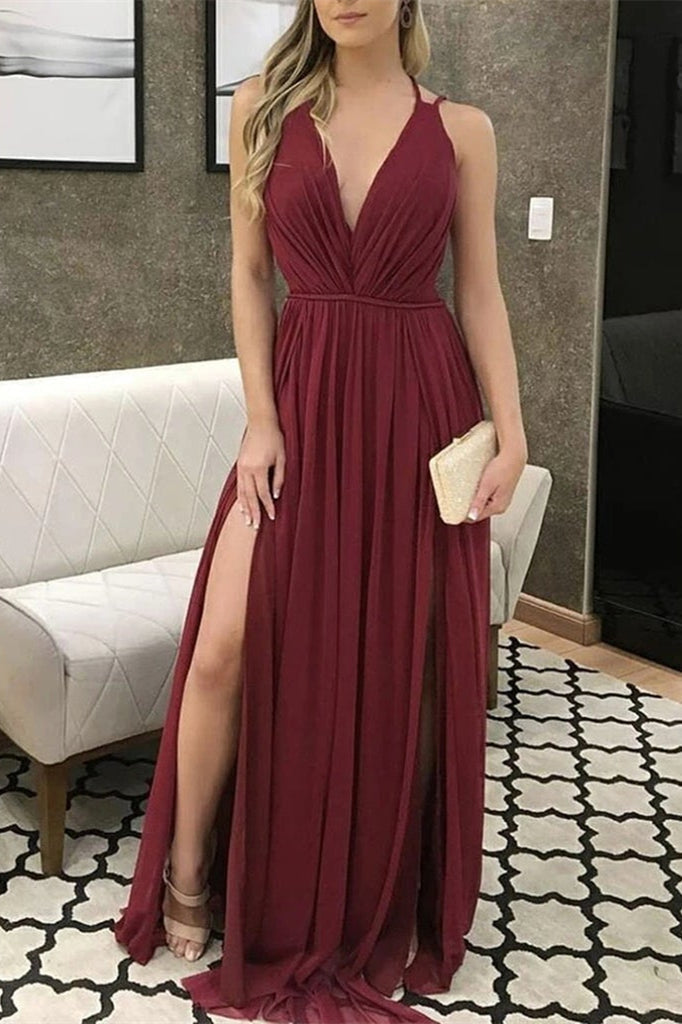 Elegant V-Neck Burgundy Chiffon Prom Dress with Slit for Special Occasions
