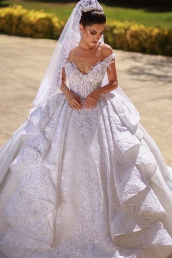 Off the Shoulder Ball Gown Wedding Dress with Pleated Tulle Ruffles
