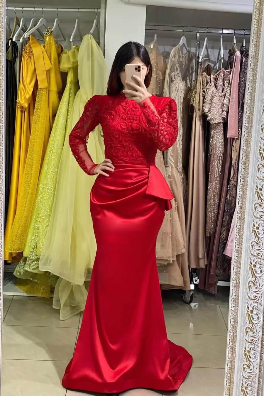 red lace long sleeve mermaid prom dress Red Lace Long Sleeve Cut-outs Mermaid Prom Dress