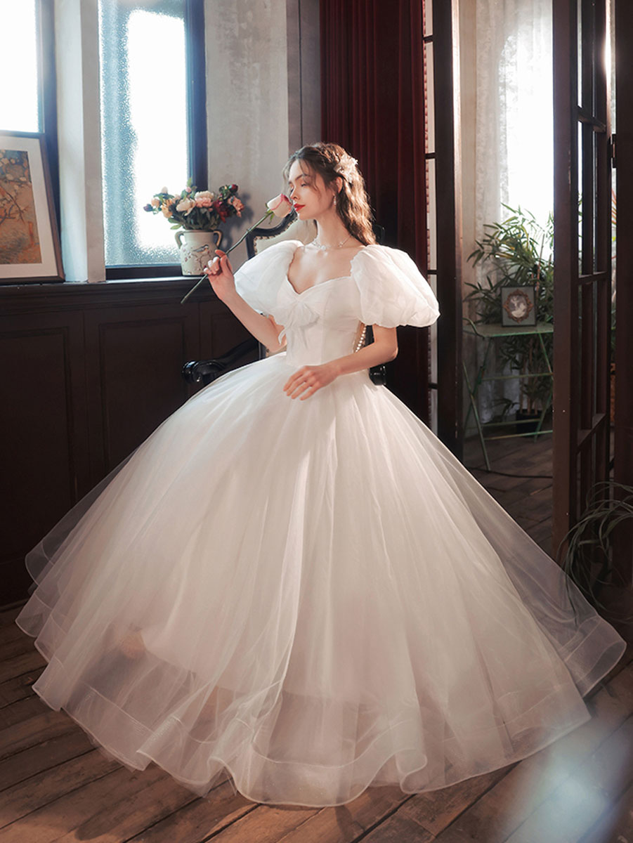 White Tulle Puffy Sleeves Long Prom Dress Sweet 16 Gowns