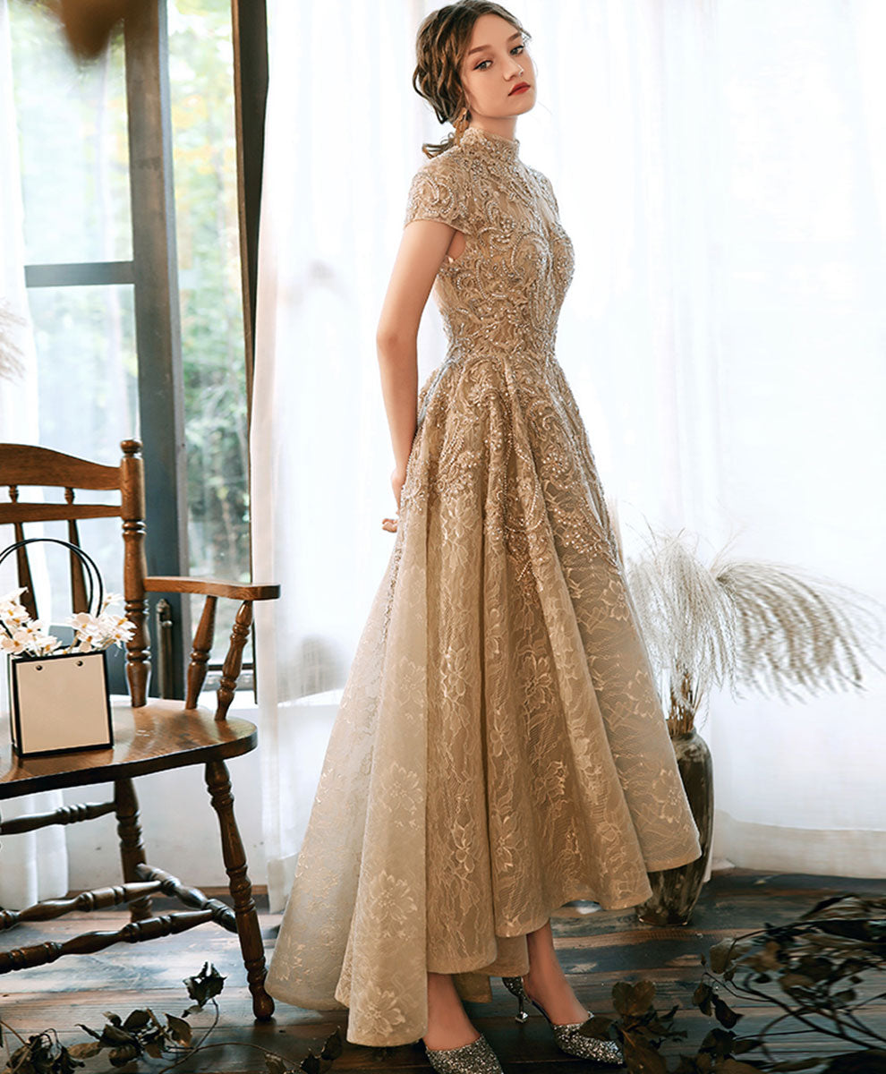 Champagne High Neck Lace Formal Prom Dress Champagne High Neck Lace Formal Prom Dress