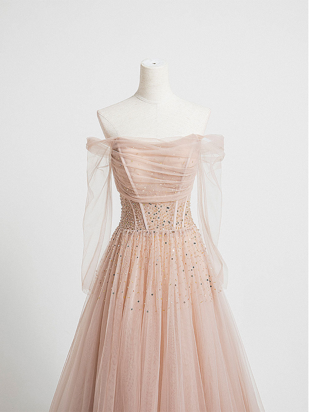 Champagne Pink Tulle Beaded Long Prom Evening Dress with Built‑In Bra
