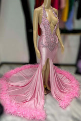 Stunning Pink Sleeveless V-Neck Prom Dress with Appliques and Feather Slit