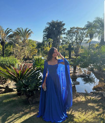 Royal Blue A-Line Chiffon Prom Dress with Long Sleeves