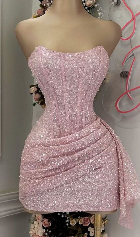 Pink Strapless Sequins Mini Dress Homecoming Party Birthday Outfit 