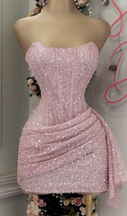 Pink Strapless Sequins Mini Dress Homecoming Party Birthday Outfit 