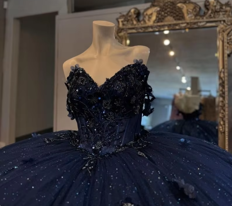 Navy Quinceanera Ball Gown with Floral Appliqués Beaded Crystal Corset