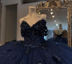 Navy Quinceanera Ball Gown with Floral Appliqués Beaded Crystal Corset