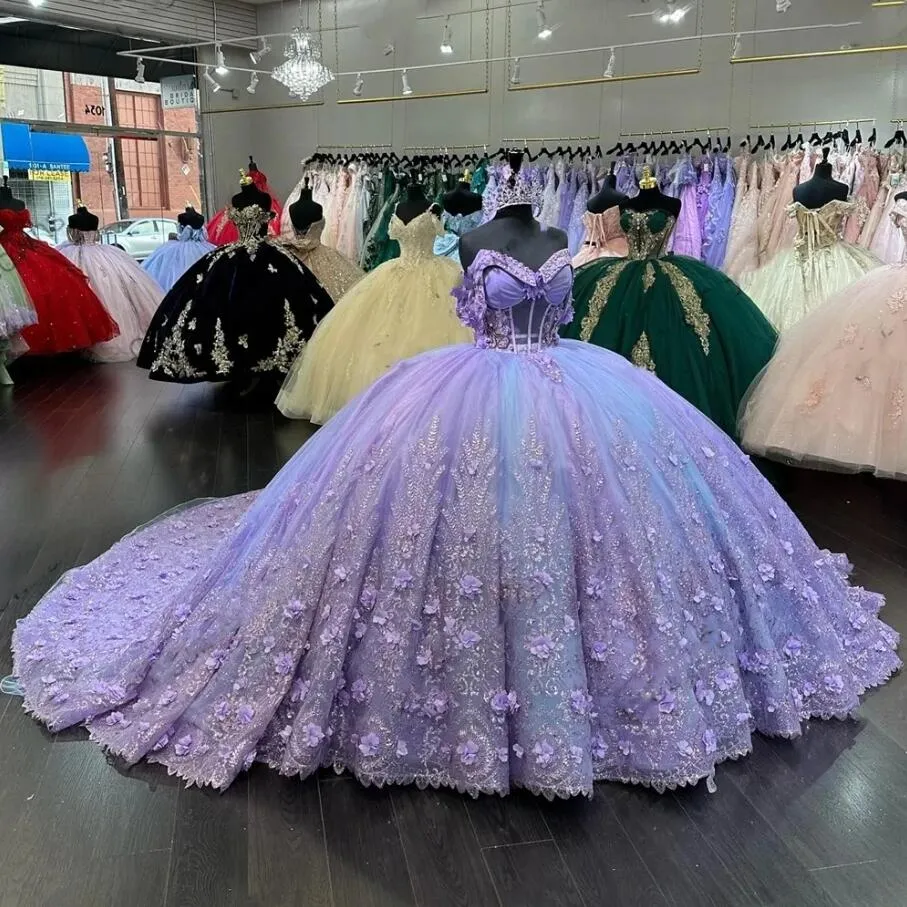 Purple Sweetheart Quinceanera Ball Gown Beaded Appliques Corset 3D Flowers