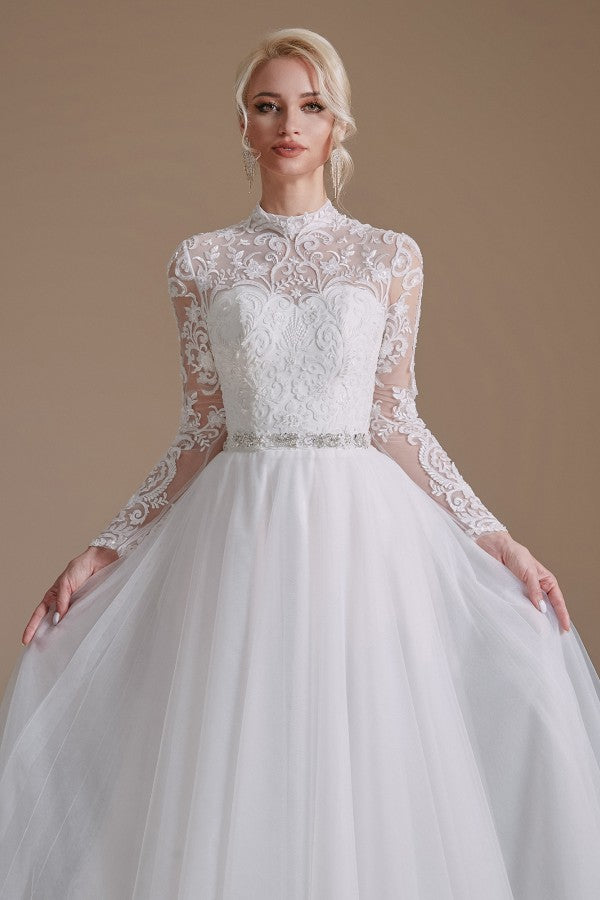 Elegant A-Line High Neck Long Sleeve Wedding Dress with Tulle Lace Design