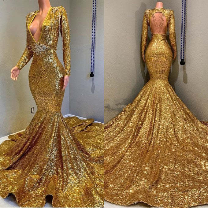 Opulent Gold Sequin Long Sleeve V-Neck Mermaid Prom Gown with Applique