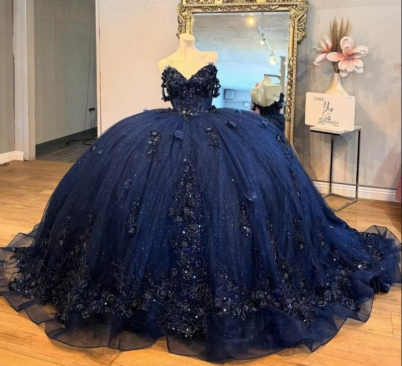 Navy Quinceanera Ball Gown with Floral Appliqués Beaded Crystal Corset