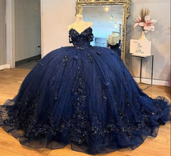 Navy Quinceanera Ball Gown with Floral Appliqués Beaded Crystal Corset