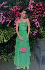 Green Tulle A-Line Prom Dress Sleeveless Zipper Built-in Bra