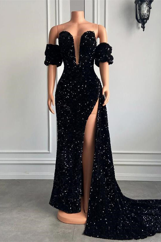 Elegant Strapless Mermaid Prom Dress with Bubble Sleeves and High Split Design