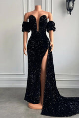 Elegant Strapless Mermaid Prom Dress with Bubble Sleeves and High Split Design